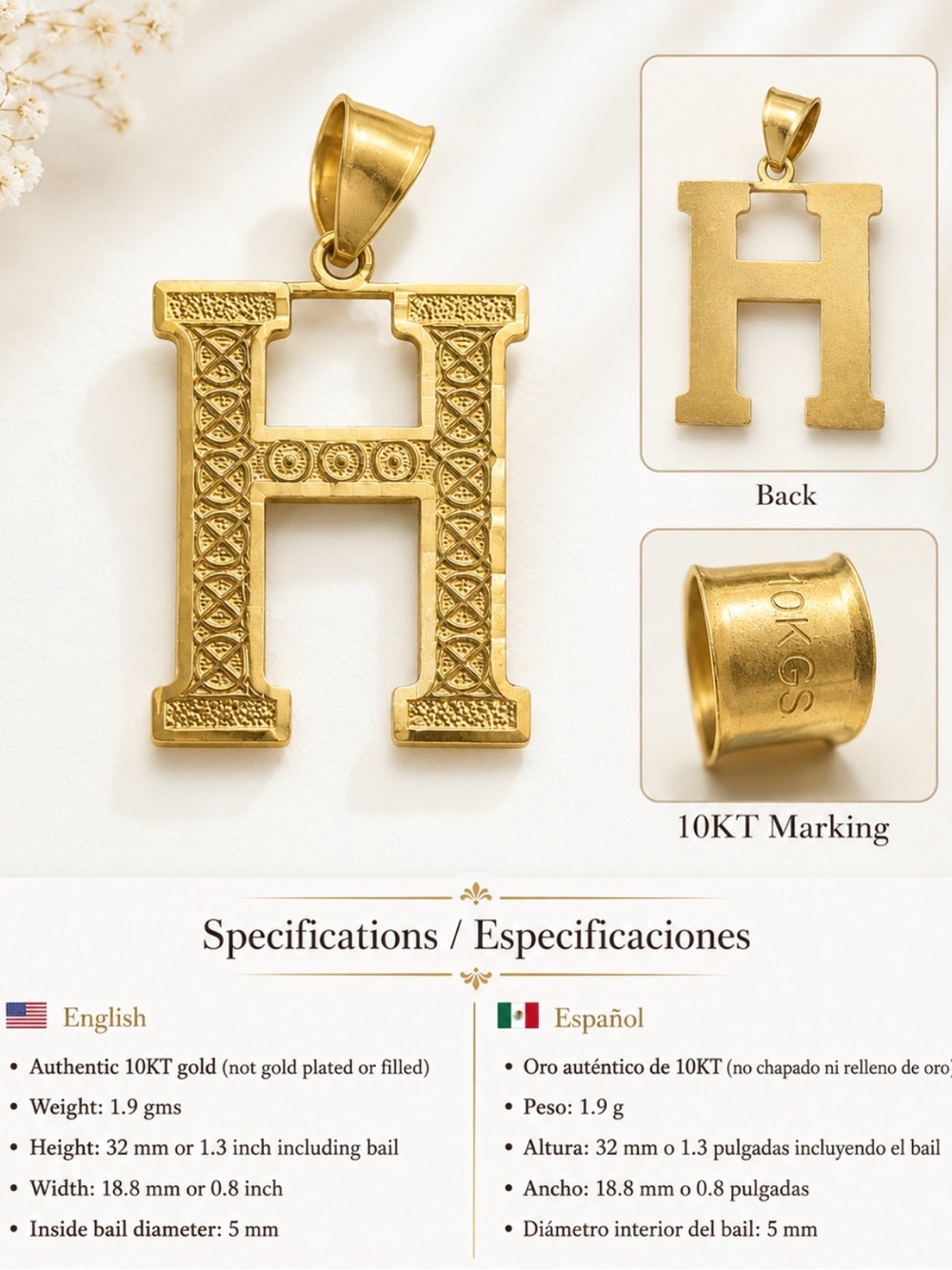 10KT Gold Letter H Pendant - Classic Initial Necklace